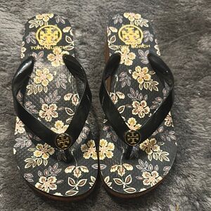Tory Burch Black Floral Sandals with Metallic Accents
